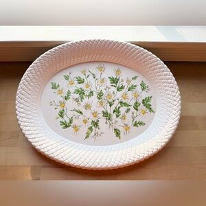 Vintage 90s Daisy Serving Platter Lg Oval Tray White Basketweave Border Melamine